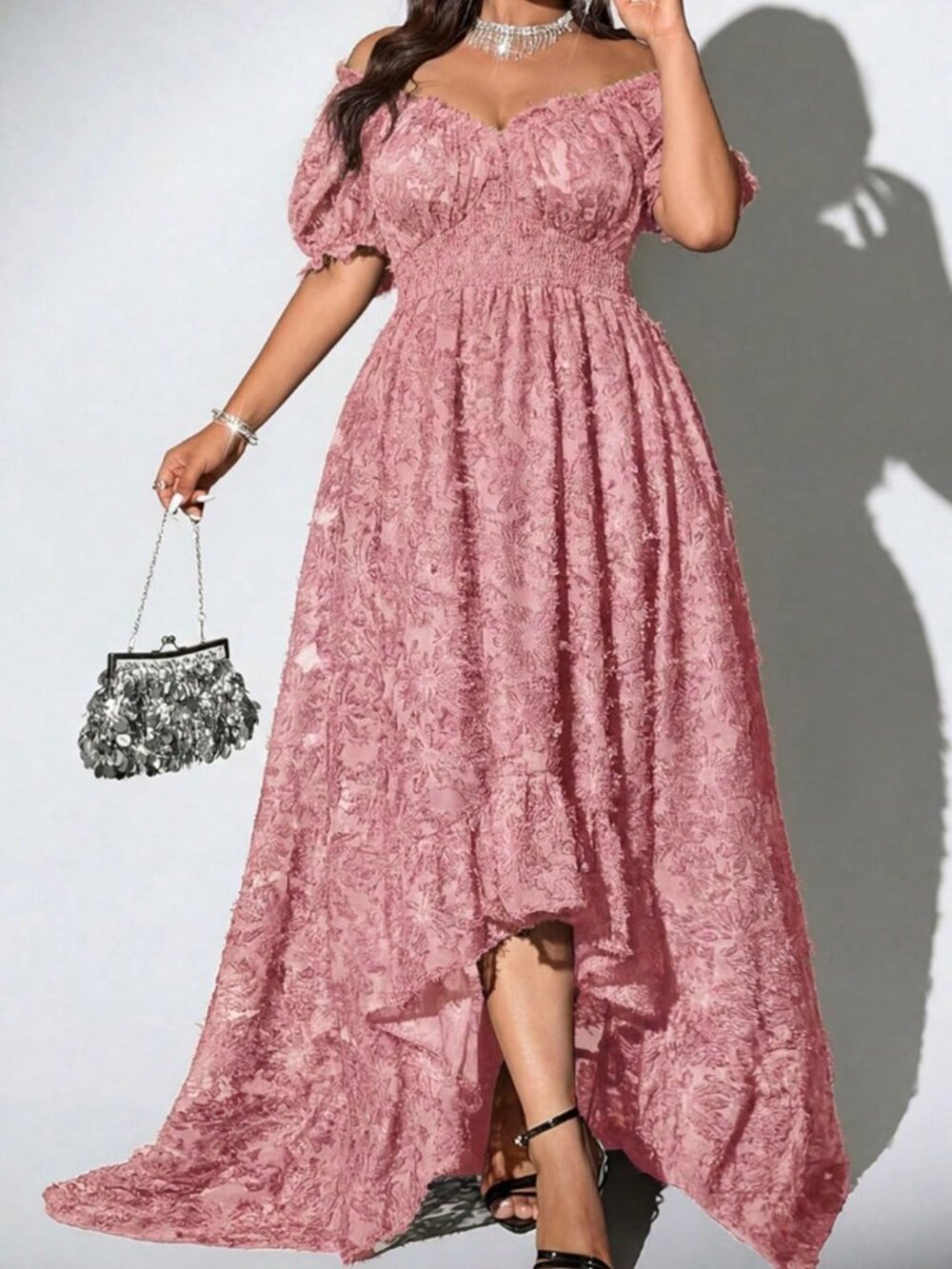 Dusty Pink Party Women's Plus Size Short Sleeve High Waist Pleated Dress